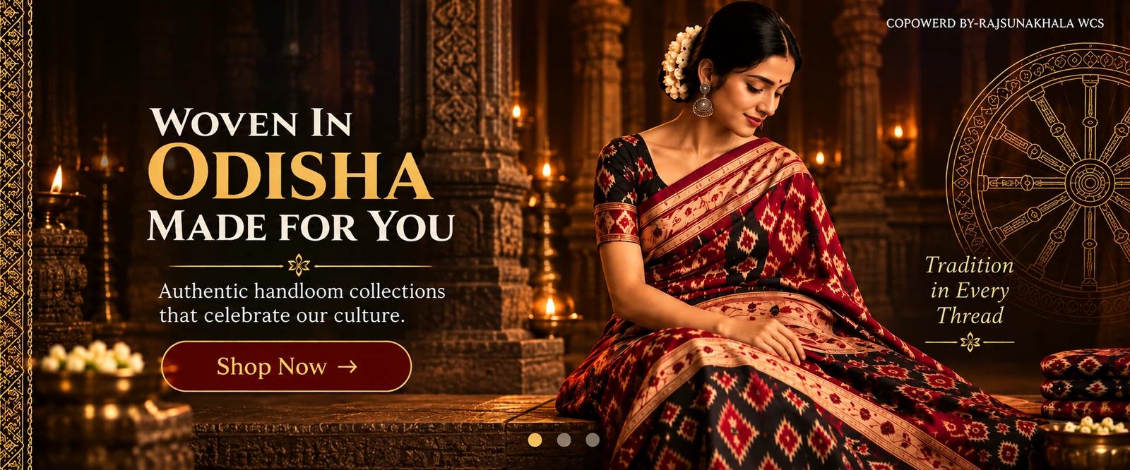 Woman wearing a black and red Sambalpuri saree in a handloom heritage setting